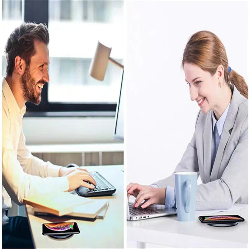 Black or white aluminium alloy Qi wireless charging pad with LED light, 10.1 cm by 7 cm