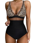 Women's high waist one-piece swimsuit in leopard print and solid colours on a mannequin.