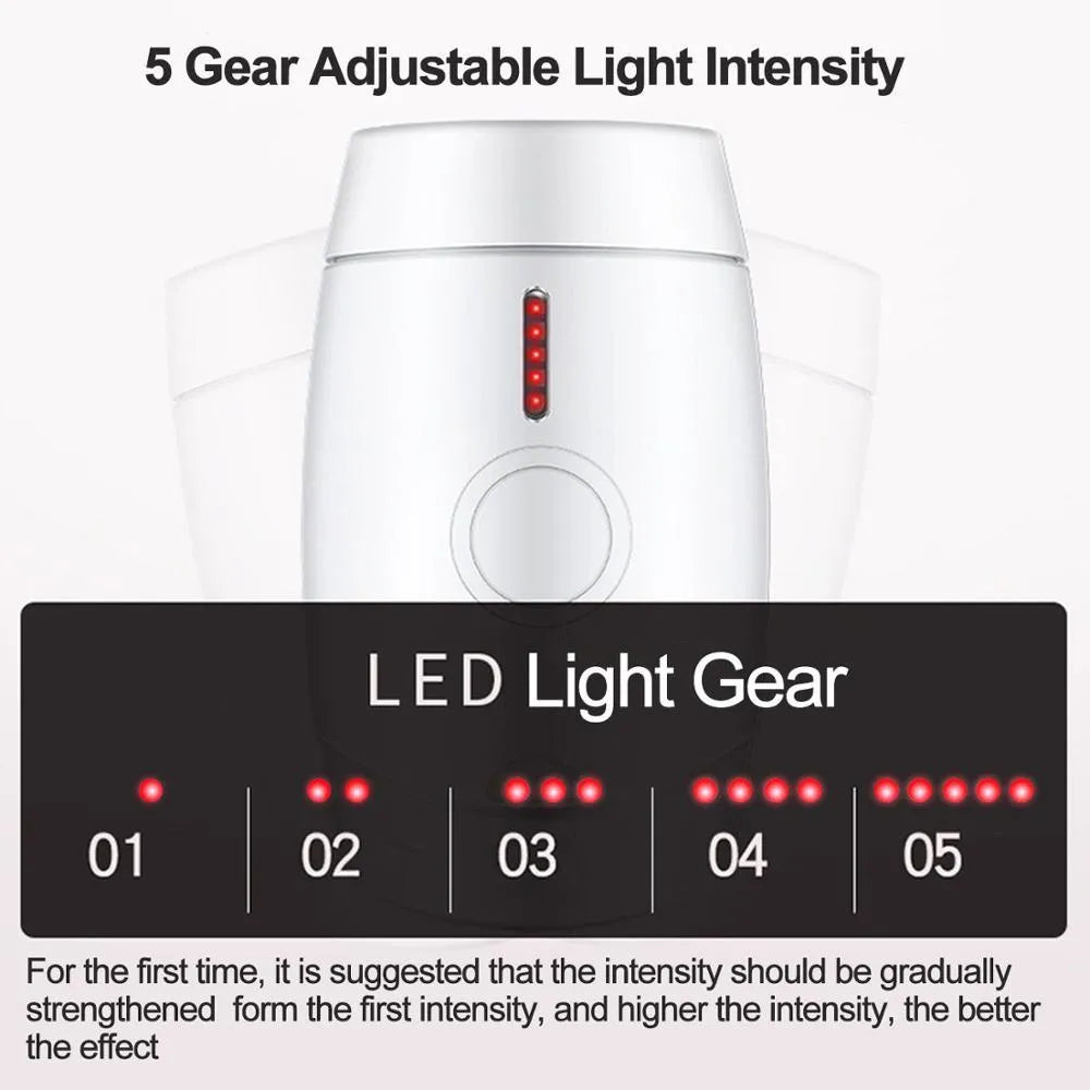White home laser hair removal instrument measuring 14.3cm tall with 5 energy settings and UK plug