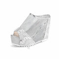 Women's black chunky heel platform sandals with hollowed-out heel design and lace-up mesh upper.