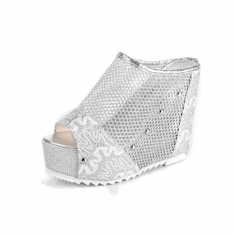Women's black chunky heel platform sandals with hollowed-out heel design and lace-up mesh upper.