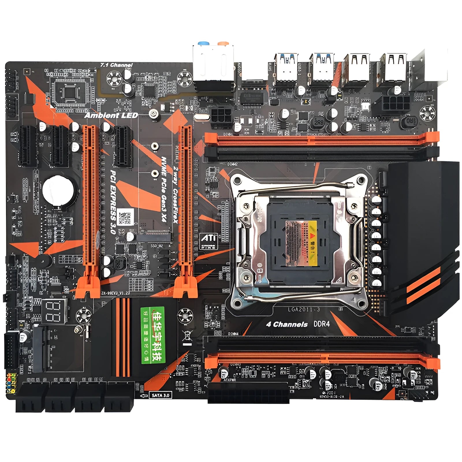 Black X99 chipset desktop motherboard with LGA2011-3 socket, four DDR4 slots, and PCIe expansion slots.