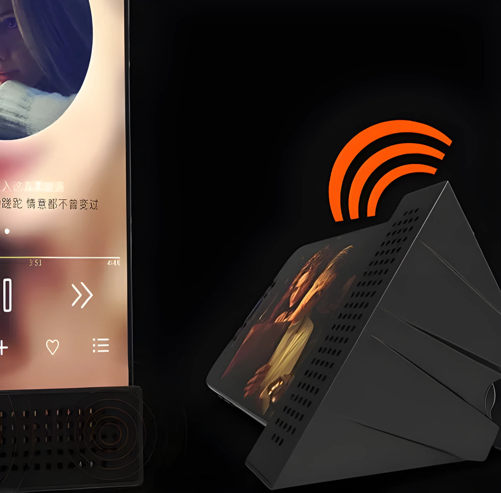 Mini mobile phone amplifier bracket on desktop enhancing smartphone sound in black, blue, pink or orange