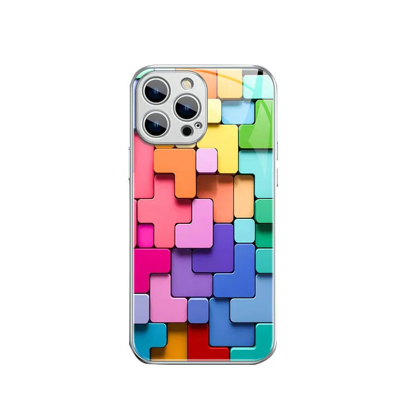 Geometric colour-block cartoon design on a silicone back cover case for an iPhone.