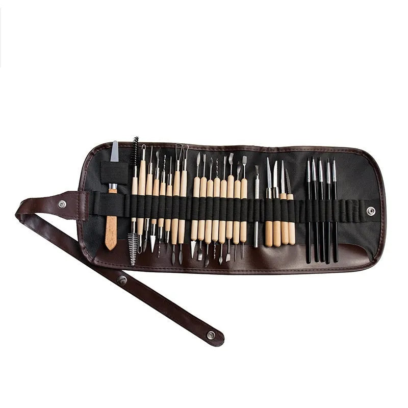 27-piece pottery clay tool set with stainless steel, wood, and plastic tools in roll-up storage bag