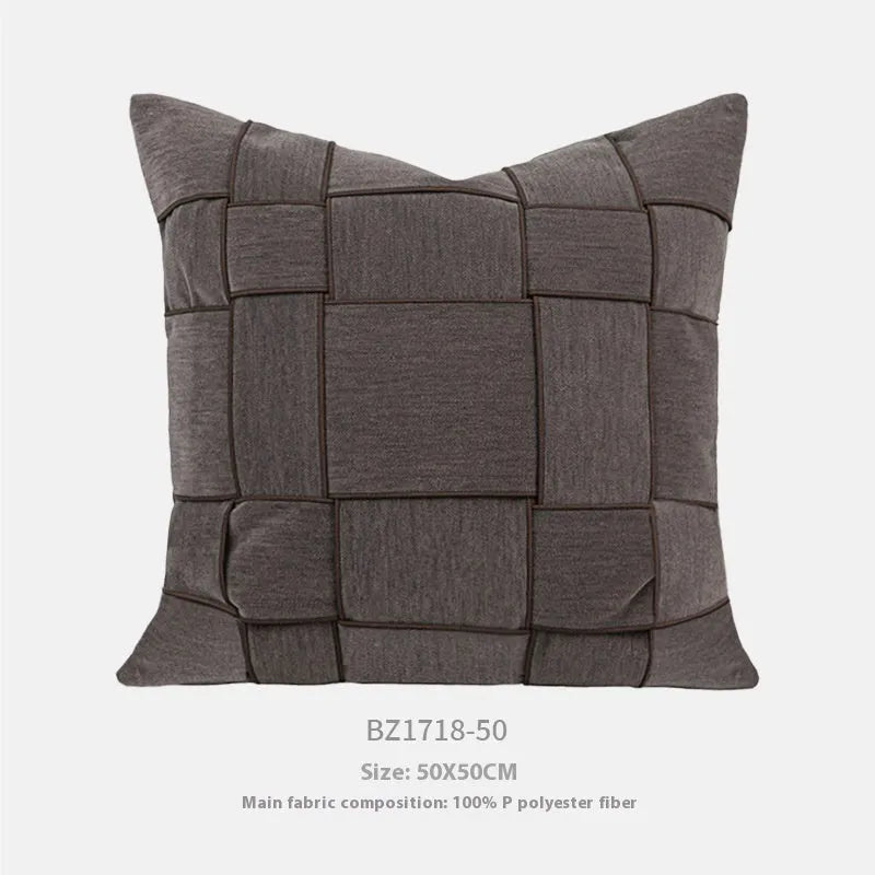 Square chenille woven sofa cushion in beige colour with textured surface and feather velvet core