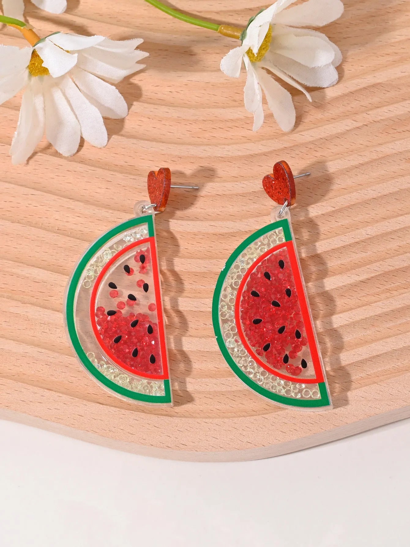 Women's acrylic earrings with cherry, strawberry, watermelon, pineapple, coconut tree, cake and ice cream charms.
