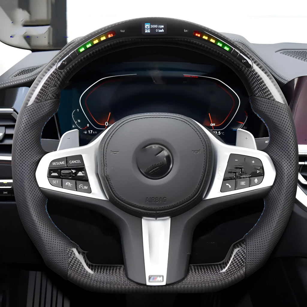 Black carbon fibre sports steering wheel with LED display for BMW X3 and X5