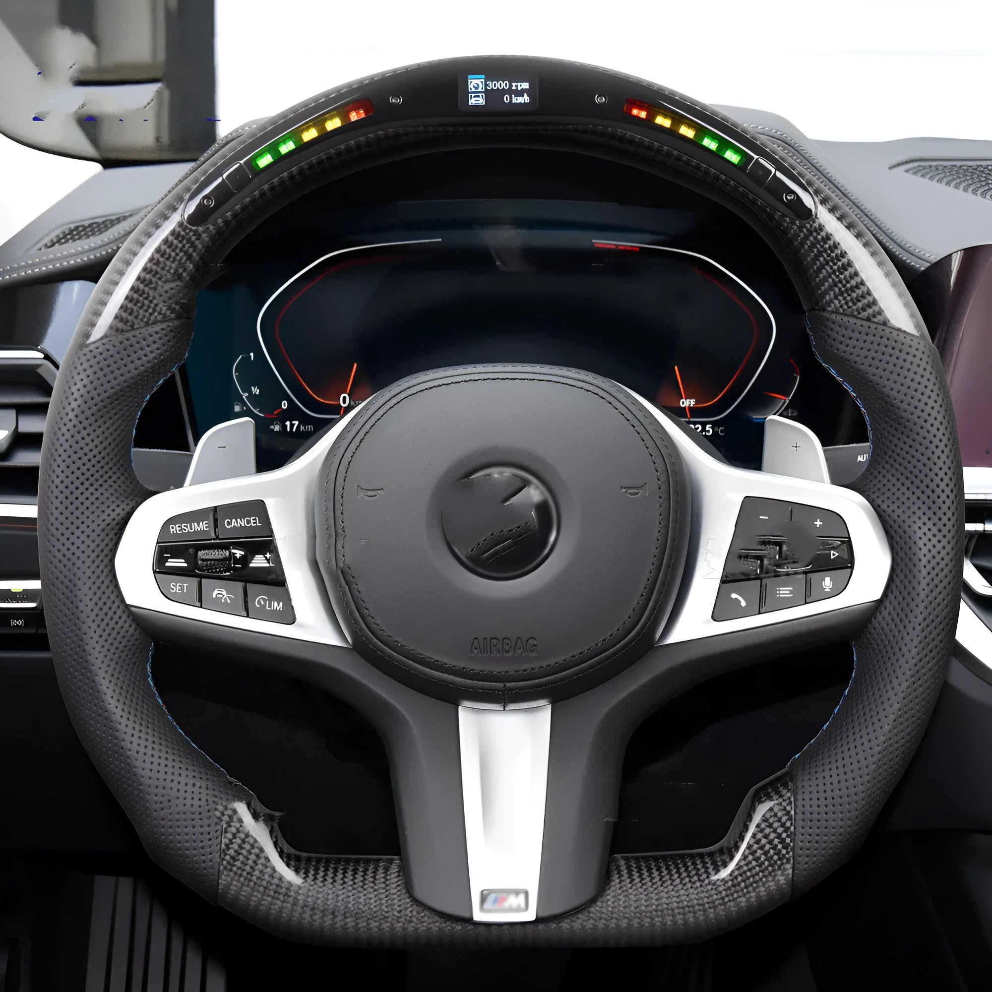 Black carbon fibre sports steering wheel with LED display for BMW X3 and X5