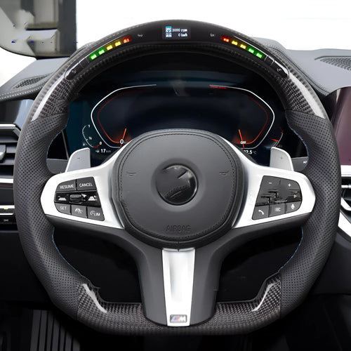 Black carbon fibre sports steering wheel with LED display for BMW X3 and X5