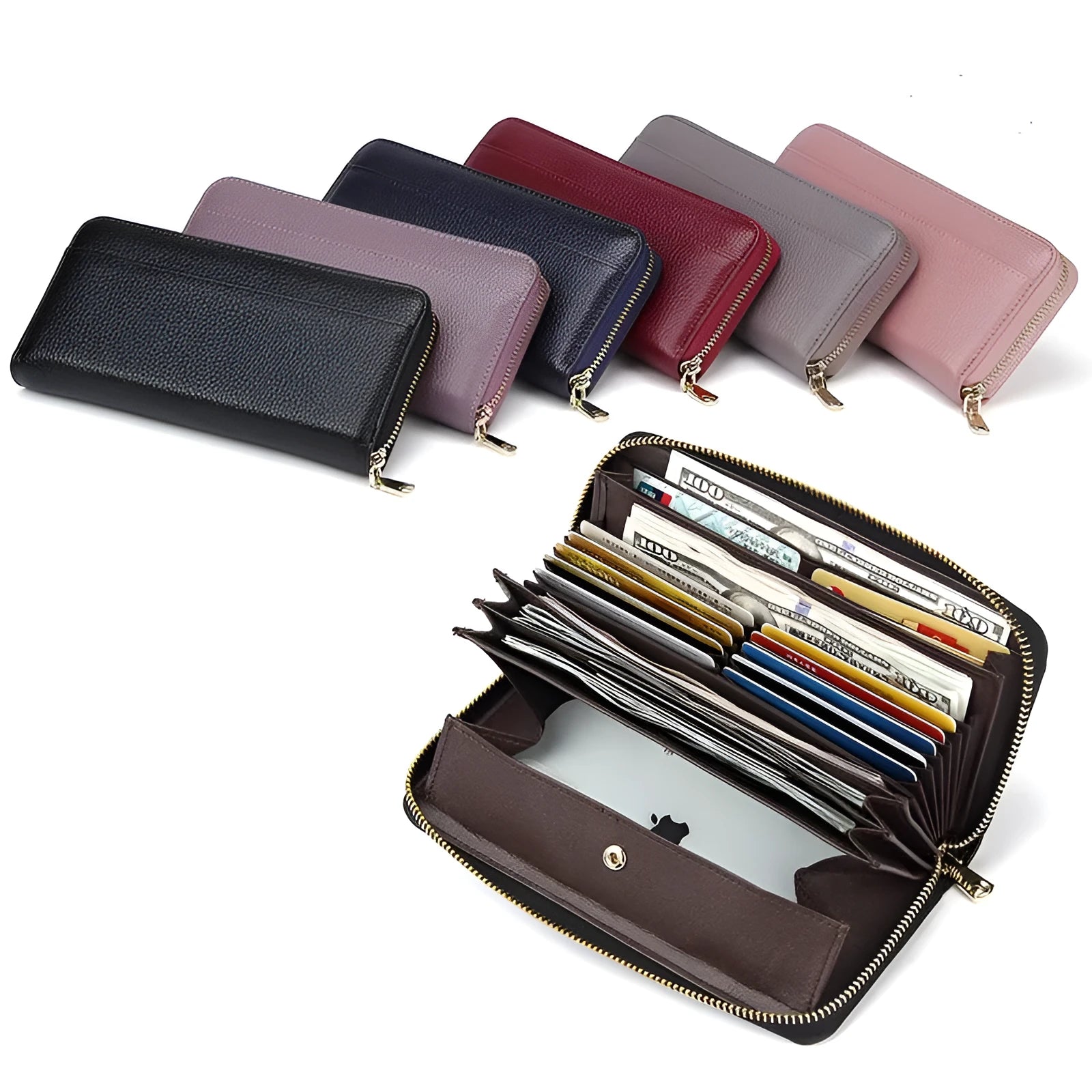 Genuine leather long bifold wallet for women with RFID protection in a choice of six solid colours.