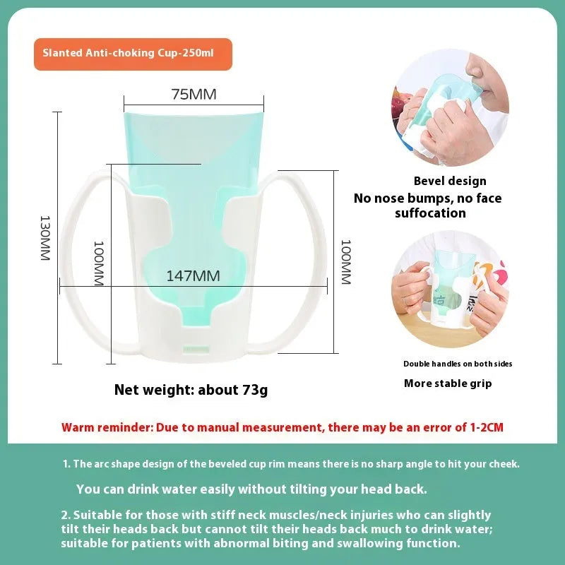 Assortment of adult drinking cups including an oblique mouth choke-proof model with a wrist splint.