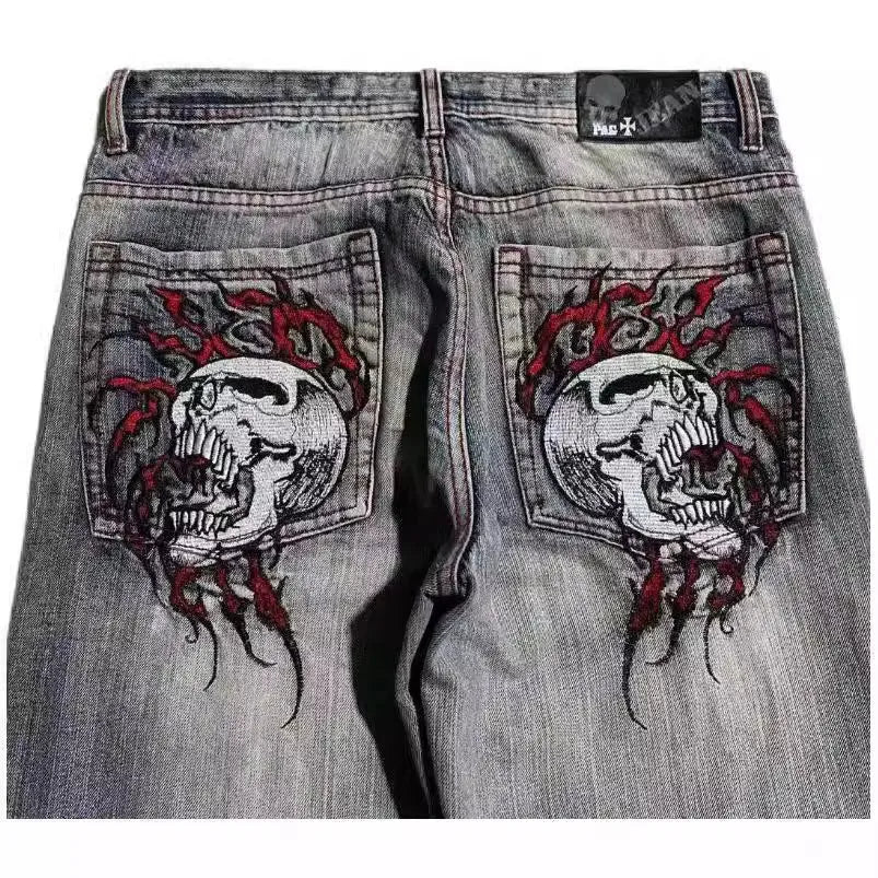 Men's grey washed-out jeans with wide-leg workwear design and straight-cut silhouette