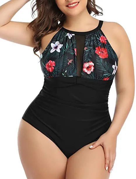 Women's black one-piece swimsuit with lace detailing on front, shown on mannequin.