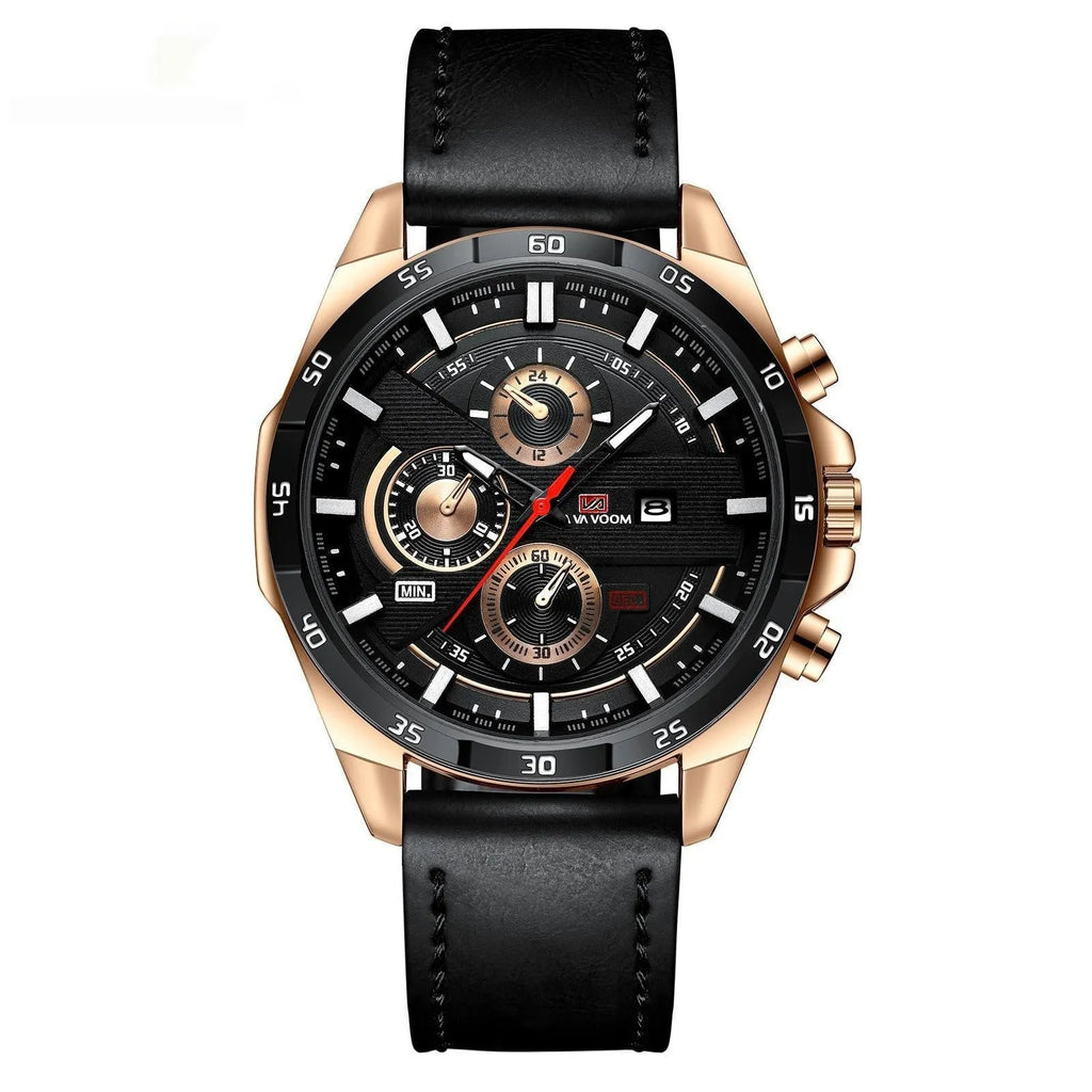 Men's waterproof quartz watch with calendar function in black and rose gold combination