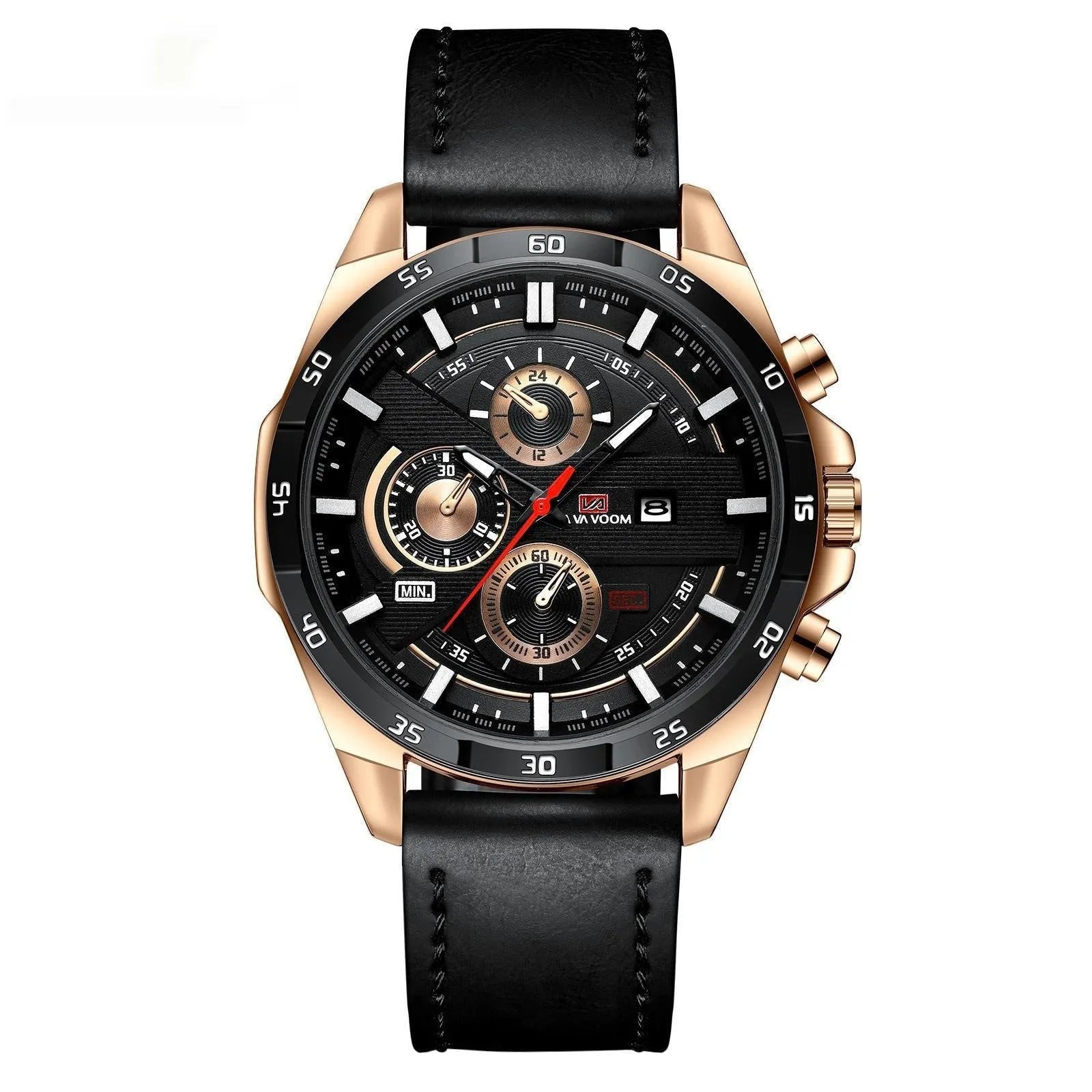 Men's waterproof quartz watch with calendar function in black and rose gold combination