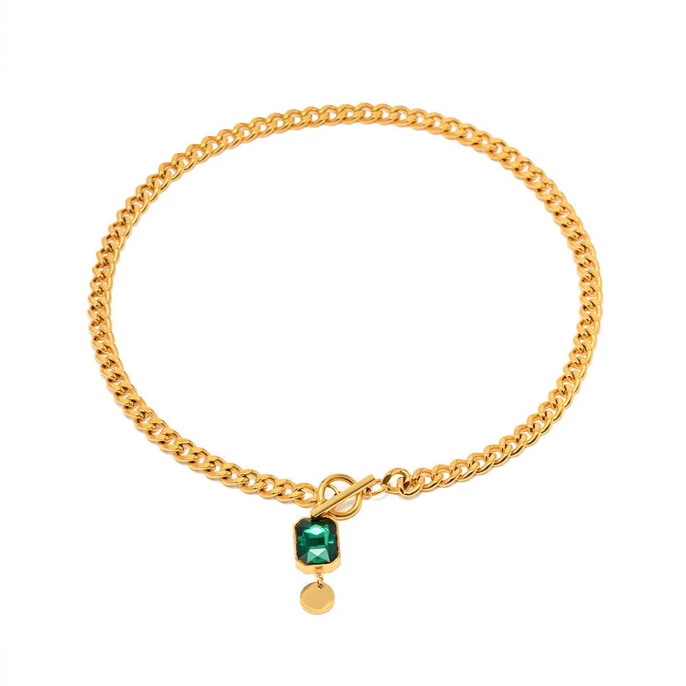 French retro emerald zircon pendant necklace with gold titanium steel Cuban link chain