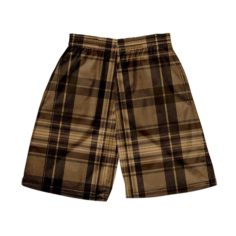 Men's plaid pattern casual shorts with an elastic waistband, shown in a straight-leg style.
