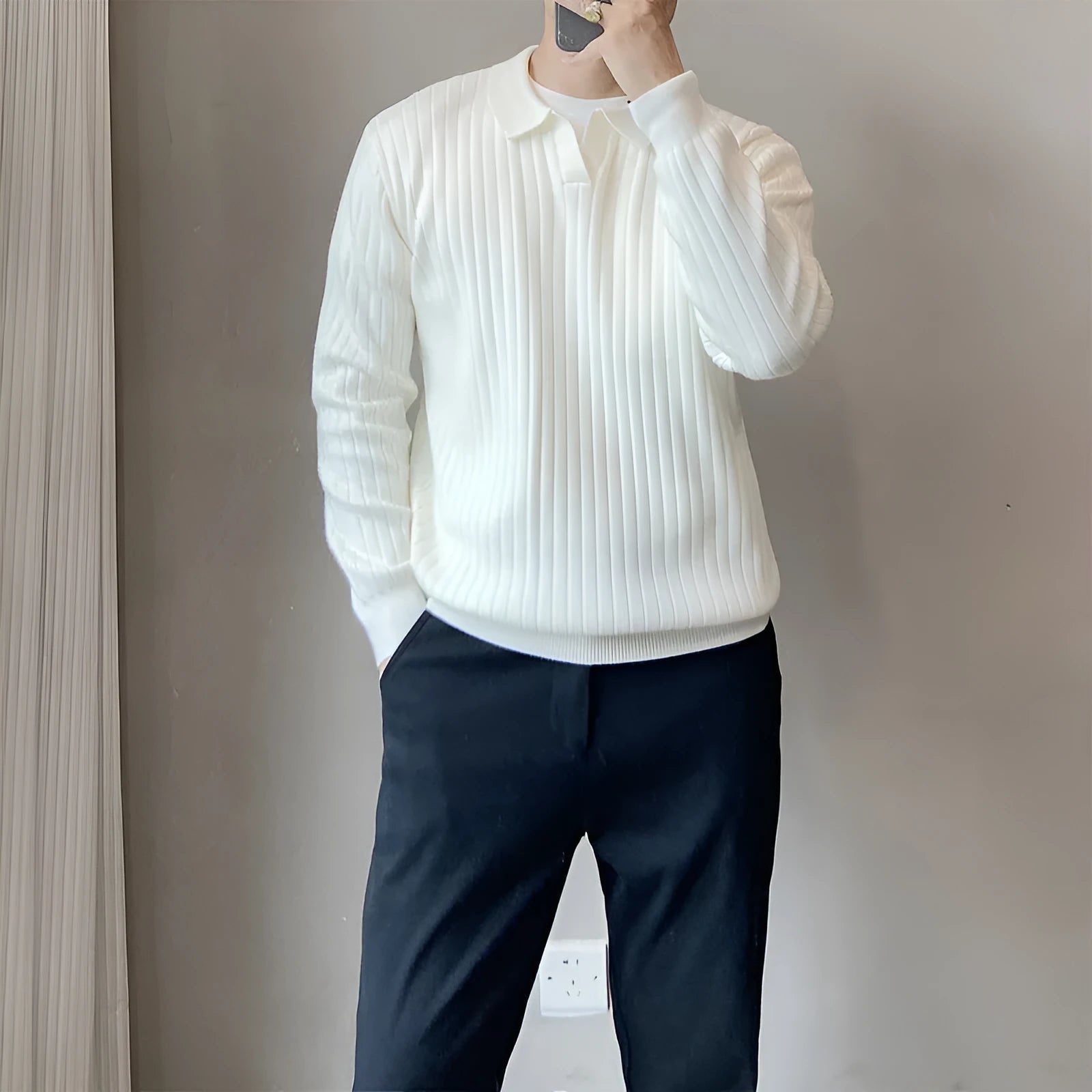 Men's loose knit sweater in rabbit fur modal fabric showing texture detail