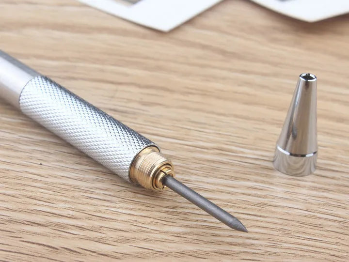 Metal mechanical pencil with automatic feed mechanism and choice of five lead sizes