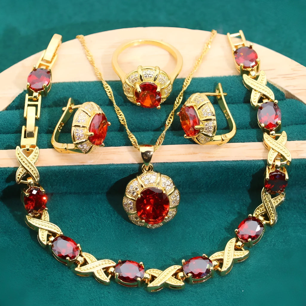 Gold plated jewellery set with multi-colour cubic zirconia stones, featuring a necklace, earrings, a ring, and a bracelet.