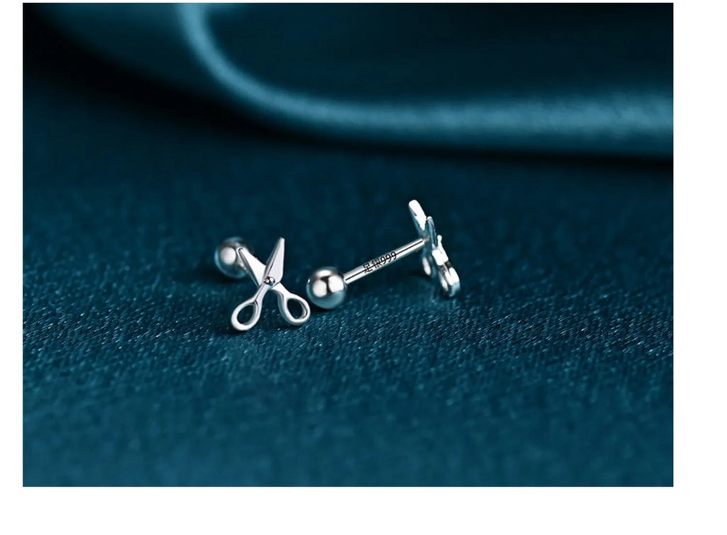 Pure silver screw ear nails with mini scissors design for cartilage piercings