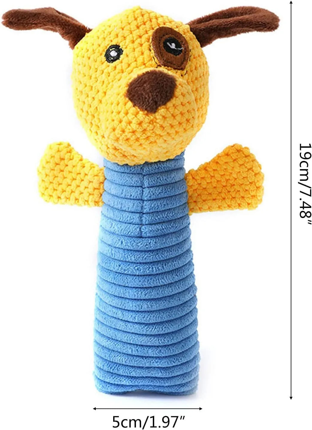 Squeaky plush dog chew toy in animal shape for dental cleaning, 19cm long