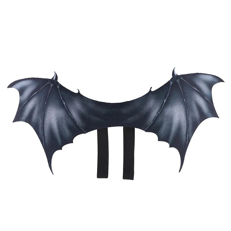 Black cloth bat wings pet Halloween costume shown in large, medium, and small sizes for cats and dogs