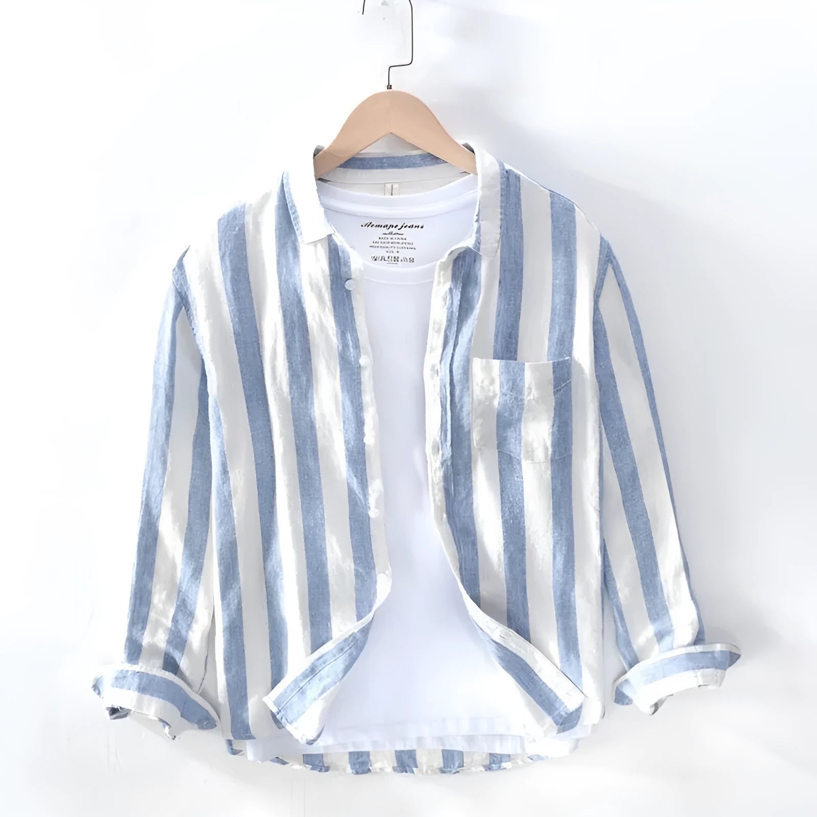 Men's blue Hong Kong style shirt with loose fit design and long sleeves for plus-size individuals