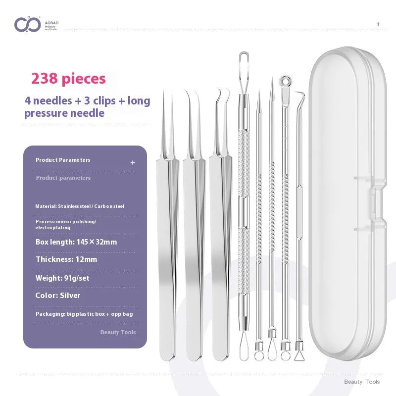 Four-piece metal acne needle set with ultra-fine pointed tips for blackhead removal