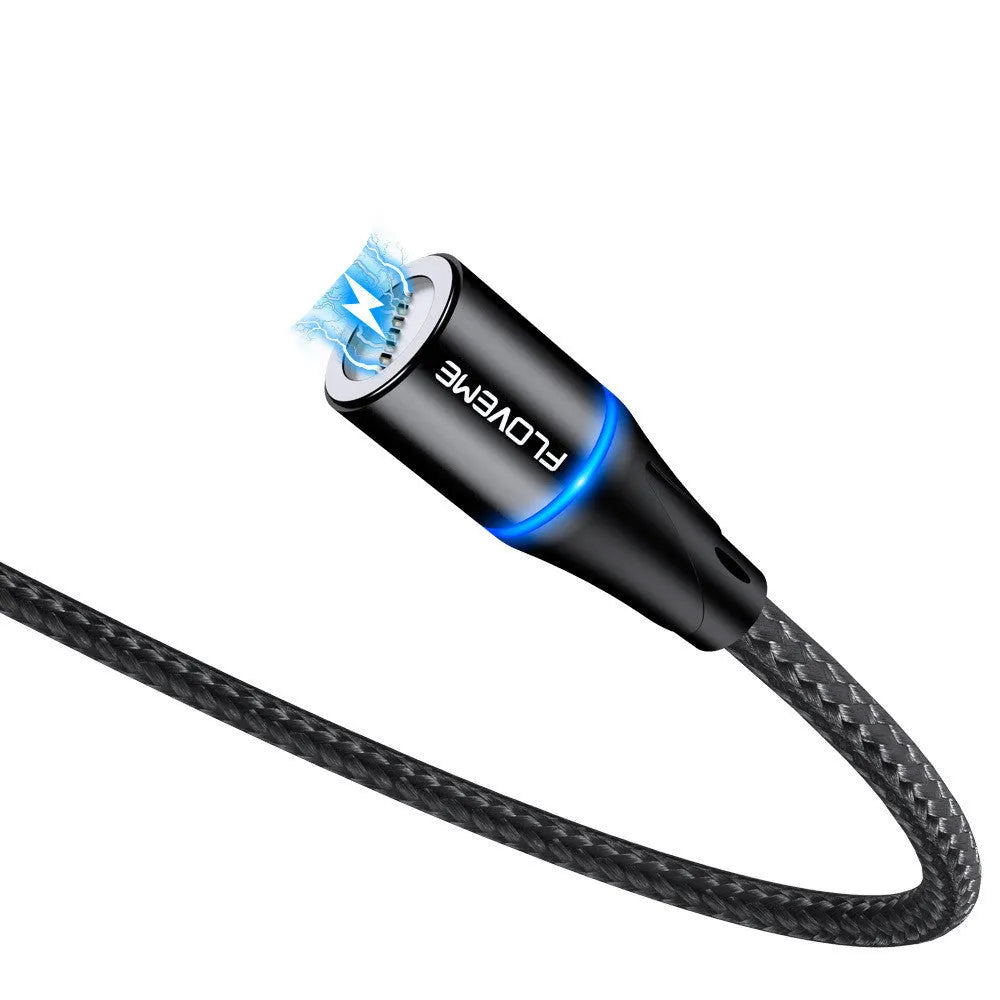 Black magnetic data cable with LED light showing iPhone and Android compatibility