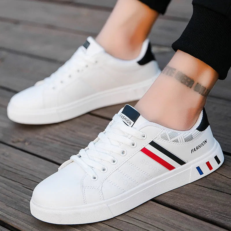 Black, grey, and white sports shoes showing size options from 39 to 44 with a foot length measurement guide.
