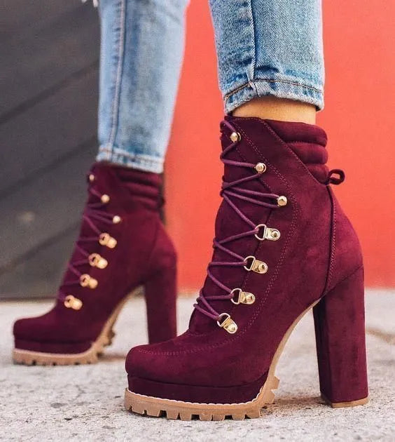 Women's suede high heel boots in army green with 8cm thick heels and round toe