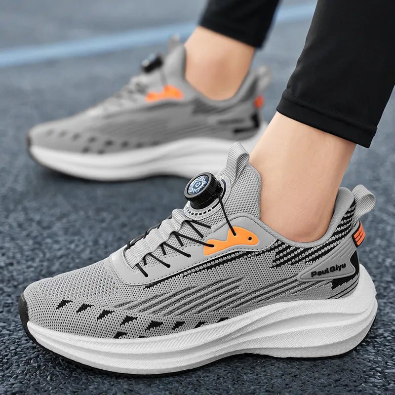 Men's grey rotating buckle Fly-knit mesh sports running shoes with TPU popcorn sole