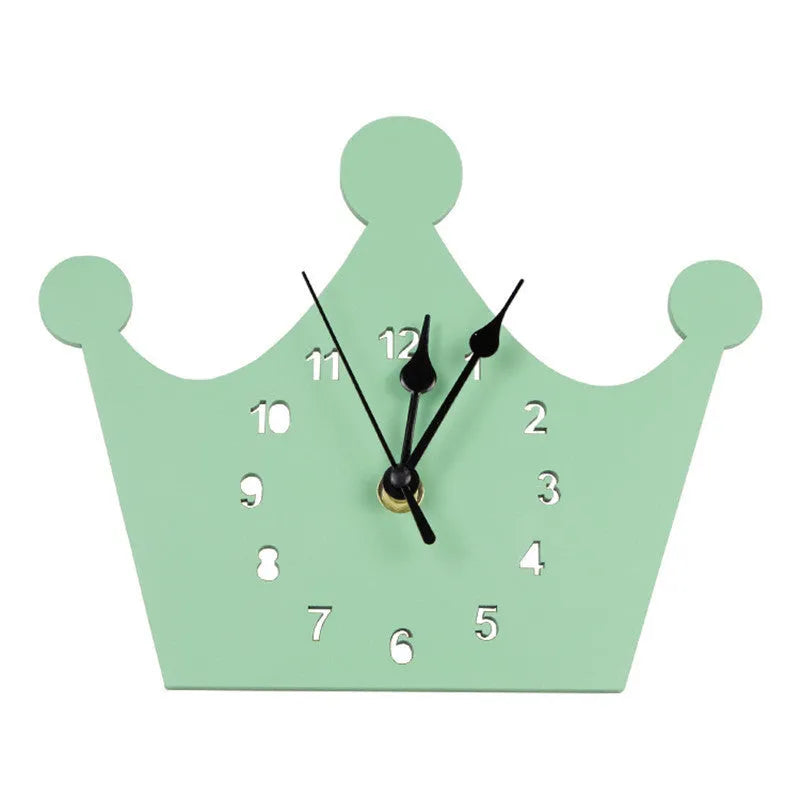 Wooden cartoon wall clock in European alien shape with character designs like rabbit crown and cloud in various colours