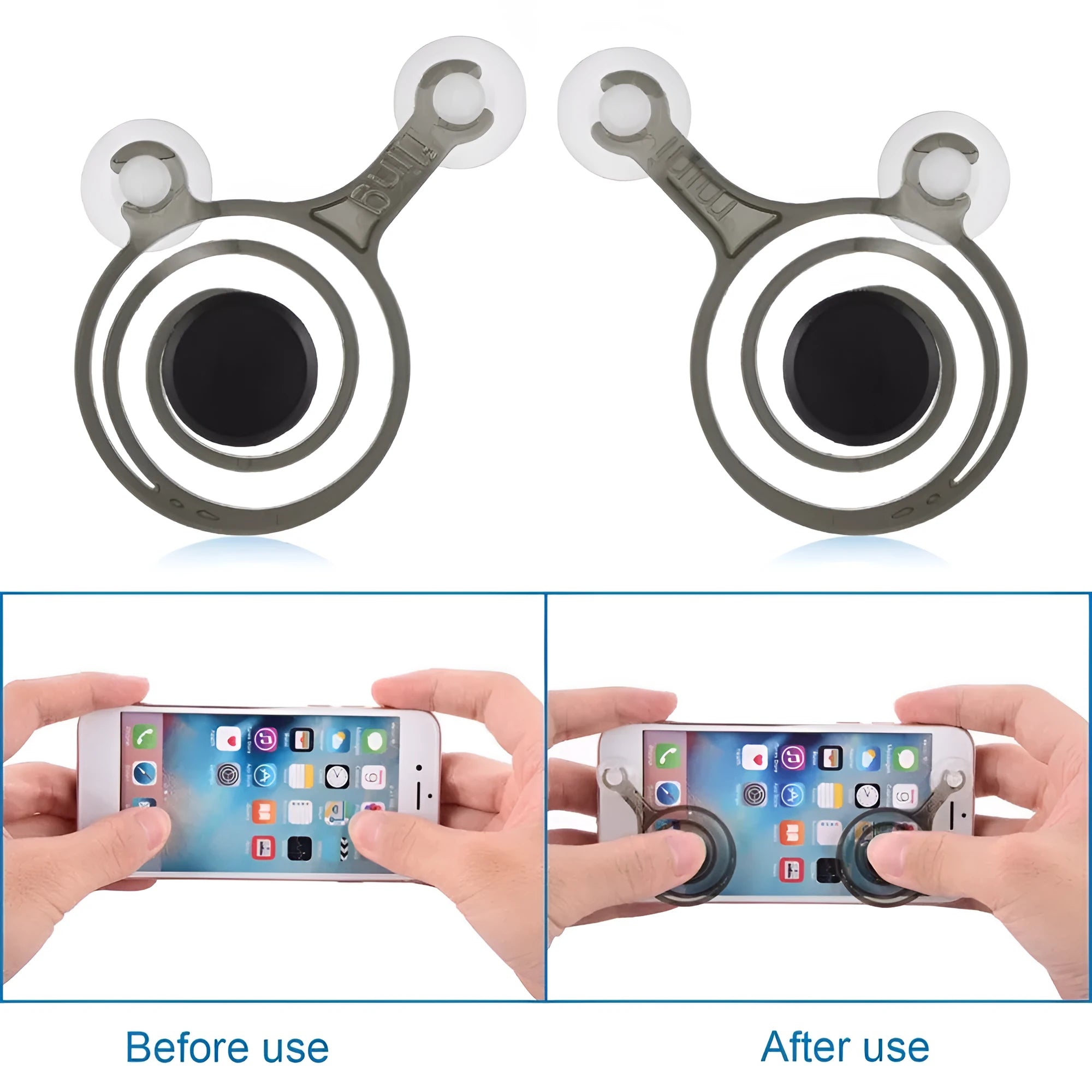 A pair of clear and black mini joysticks for mobile phone touch screen gaming control.