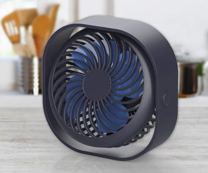 USB desk fan with alarm clock in modern simple style, showing 360-degree rotation feature.