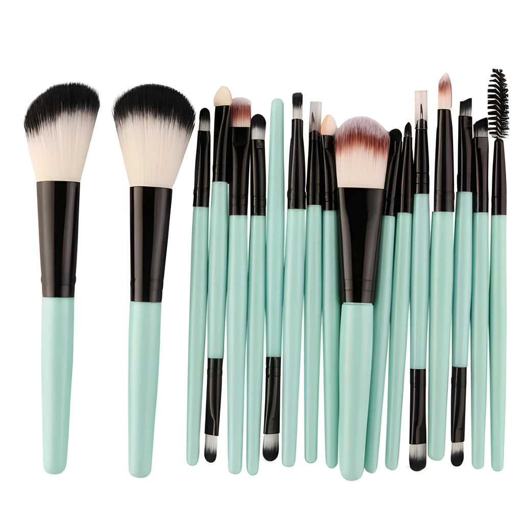 MAANGE 18-piece makeup brush set with fan-shaped contouring brushes displayed with 20 style options