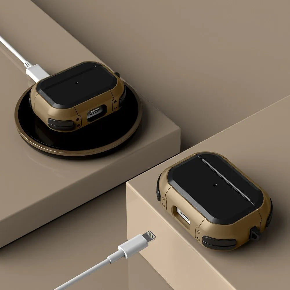 Black TPU and PC protective case for Apple AirPods Pro earbuds sitting on a table.