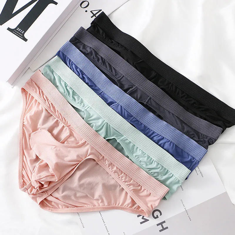 Ice silk men's low waist briefs underwear shown in multiple colours including black, grey, purple blue, light green, and pink.