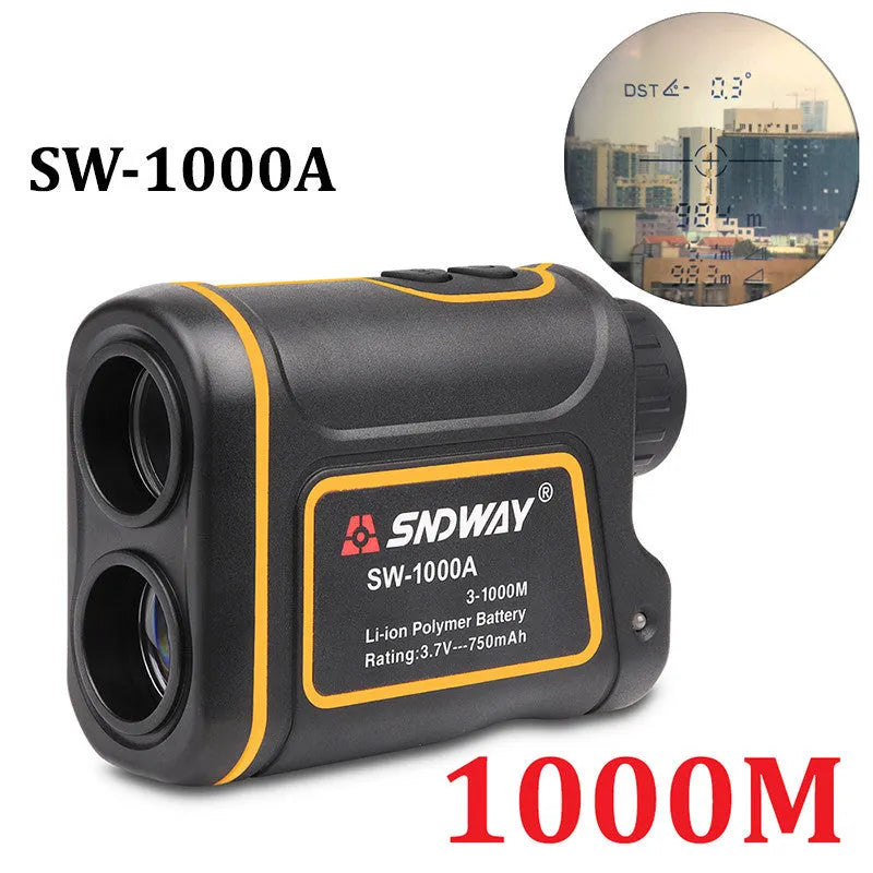 Handheld golf laser rangefinder showing compact design with distance measurement display