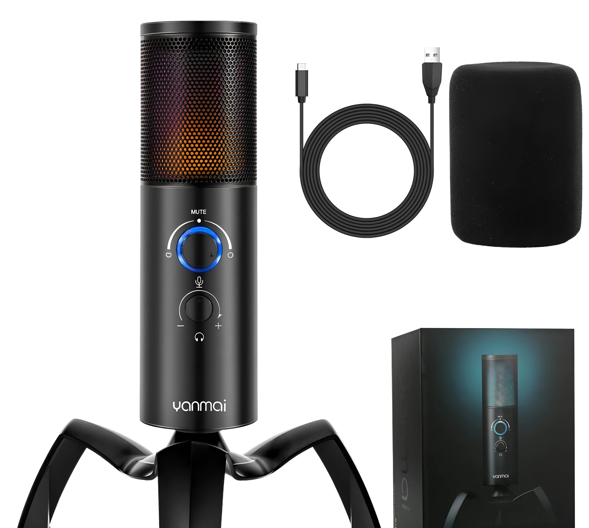 Black Q18 condenser microphone with RGB lighting on an adjustable metal tripod
