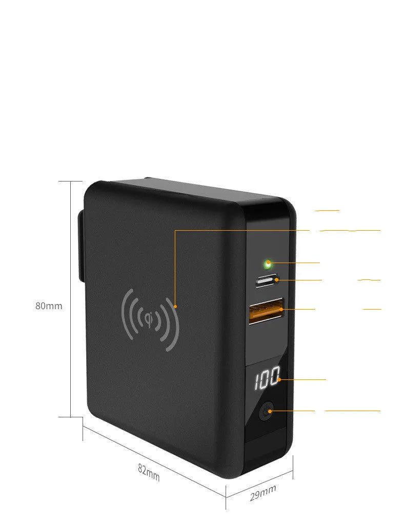 Black and white Super QI wireless charging power bank with integrated plug and international adaptors.