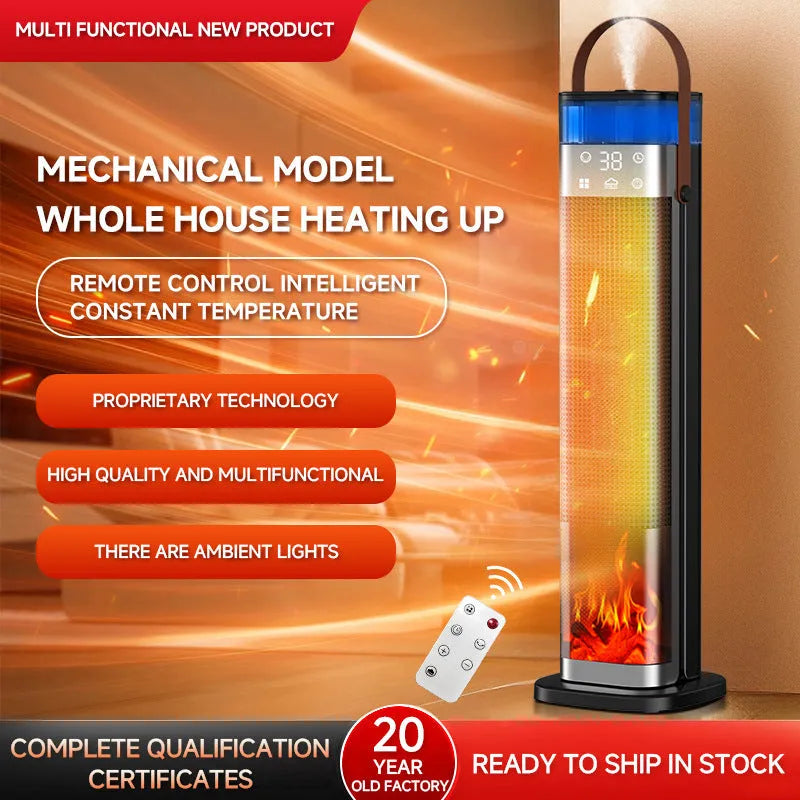 Slim white vertical tower heater with humidification function and remote control on a wooden floor.