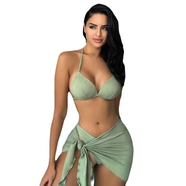 Women's three-piece swimsuit set in avocado green with Russian split design and skirt