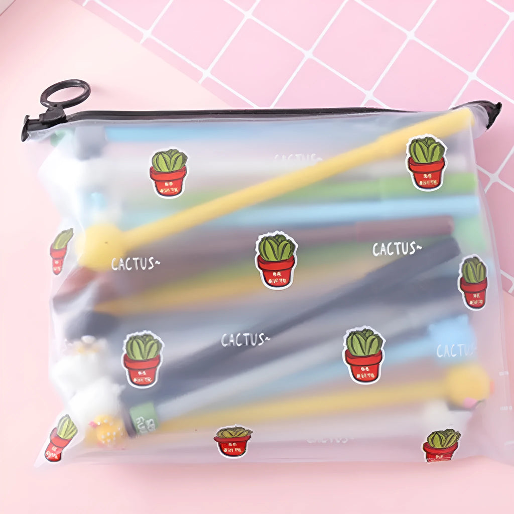 Plastic pen case containing 20 cartoon style 0.5mm black neutral pens