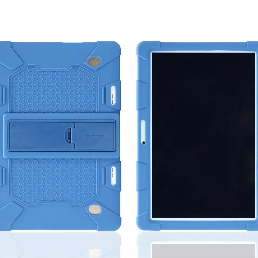 Little Overlord H10 Pro M20 10.1-inch tablet in a black silicone protective case with a folded-out stand on the back.
