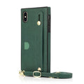 Black leather messenger phone case with wristband showing card storage compartment for iPhone
