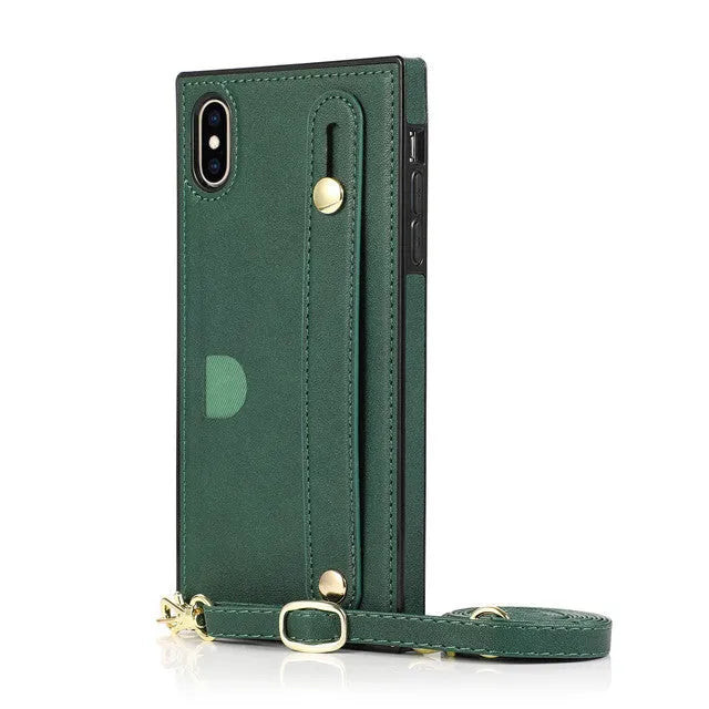Black leather messenger phone case with wristband showing card storage compartment for iPhone