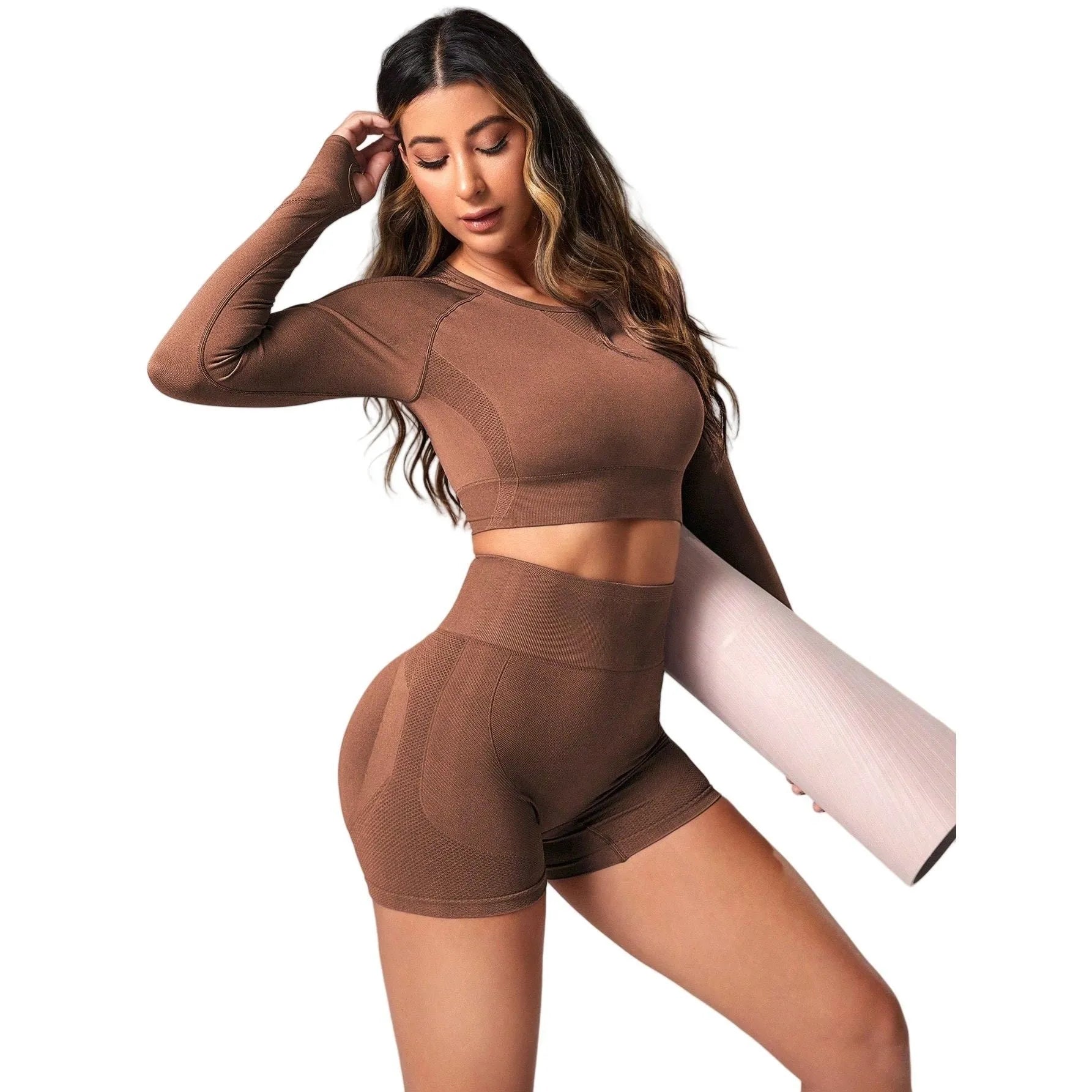 Women's black high-waisted yoga suit set with long sleeves, showing front and back view.